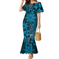 Vintage Tonga Tribal Ngatu Pattern Mermaid Dress With Pacific Floral Aqua Art
