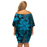 Vintage Tonga Tribal Ngatu Pattern Off Shoulder Short Dress With Pacific Floral Aqua Art