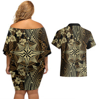 Vintage Tonga Tribal Ngatu Pattern Couples Matching Off Shoulder Short Dress and Hawaiian Shirt With Pacific Floral Brown Art