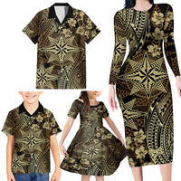 Vintage Tonga Tribal Ngatu Pattern Family Matching Long Sleeve Bodycon Dress and Hawaiian Shirt With Pacific Floral Brown Art LT9 - Polynesian Pride
