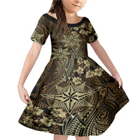 Vintage Tonga Tribal Ngatu Pattern Family Matching Mermaid Dress and Hawaiian Shirt With Pacific Floral Brown Art LT9 Daughter's Dress Brown - Polynesian Pride