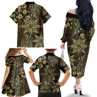 Vintage Tonga Tribal Ngatu Pattern Family Matching Off The Shoulder Long Sleeve Dress and Hawaiian Shirt With Pacific Floral Brown Art