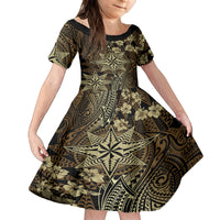 Vintage Tonga Tribal Ngatu Pattern Family Matching Puletasi and Hawaiian Shirt With Pacific Floral Brown Art LT9 Daughter's Dress Brown - Polynesian Pride