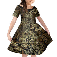 Vintage Tonga Tribal Ngatu Pattern Family Matching Short Sleeve Bodycon Dress and Hawaiian Shirt With Pacific Floral Brown Art LT9 Daughter's Dress Brown - Polynesian Pride