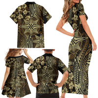 Vintage Tonga Tribal Ngatu Pattern Family Matching Short Sleeve Bodycon Dress and Hawaiian Shirt With Pacific Floral Brown Art LT9 - Polynesian Pride