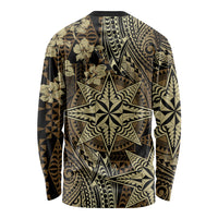 Vintage Tonga Tribal Ngatu Pattern Long Sleeve Shirt With Pacific Floral Brown Art