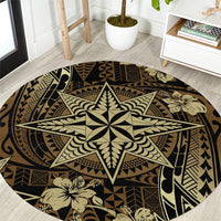 Vintage Tonga Tribal Ngatu Pattern Round Carpet With Pacific Floral Brown Art