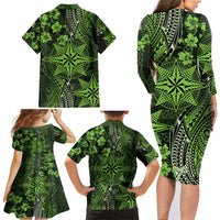 Vintage Tonga Tribal Ngatu Pattern Family Matching Long Sleeve Bodycon Dress and Hawaiian Shirt With Pacific Floral Lime Green Art LT9 - Polynesian Pride