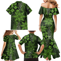Vintage Tonga Tribal Ngatu Pattern Family Matching Mermaid Dress and Hawaiian Shirt With Pacific Floral Lime Green Art LT9 - Polynesian Pride