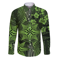 Vintage Tonga Tribal Ngatu Pattern Family Matching Off Shoulder Maxi Dress and Hawaiian Shirt With Pacific Floral Lime Green Art