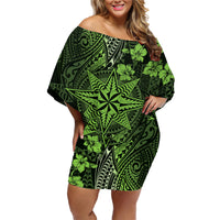 Vintage Tonga Tribal Ngatu Pattern Family Matching Off Shoulder Short Dress and Hawaiian Shirt With Pacific Floral Lime Green Art