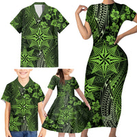 Vintage Tonga Tribal Ngatu Pattern Family Matching Short Sleeve Bodycon Dress and Hawaiian Shirt With Pacific Floral Lime Green Art LT9 - Polynesian Pride