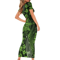 Vintage Tonga Tribal Ngatu Pattern Family Matching Short Sleeve Bodycon Dress and Hawaiian Shirt With Pacific Floral Lime Green Art LT9 - Polynesian Pride