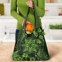 Vintage Tonga Tribal Ngatu Pattern Grocery Bag With Pacific Floral Lime Green Art