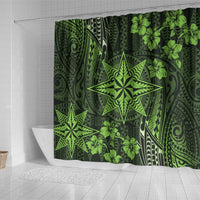 Vintage Tonga Tribal Ngatu Pattern Shower Curtain With Pacific Floral Lime Green Art