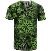 Vintage Tonga Tribal Ngatu Pattern T Shirt With Pacific Floral Lime Green Art