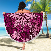 Vintage Tonga Tribal Ngatu Pattern Beach Blanket With Pacific Floral Pink Art