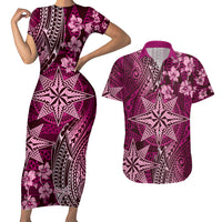 Vintage Tonga Tribal Ngatu Pattern Couples Matching Short Sleeve Bodycon Dress and Hawaiian Shirt With Pacific Floral Pink Art LT9 Pink - Polynesian Pride