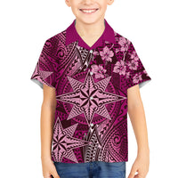 Vintage Tonga Tribal Ngatu Pattern Family Matching Long Sleeve Bodycon Dress and Hawaiian Shirt With Pacific Floral Pink Art LT9 Son's Shirt Pink - Polynesian Pride