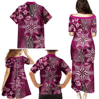 Vintage Tonga Tribal Ngatu Pattern Family Matching Puletasi and Hawaiian Shirt With Pacific Floral Pink Art LT9 - Polynesian Pride