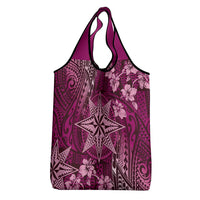 Vintage Tonga Tribal Ngatu Pattern Grocery Bag With Pacific Floral Pink Art