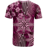 Vintage Tonga Tribal Ngatu Pattern T Shirt With Pacific Floral Pink Art