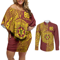 Personalised Tonga High School 80th Anniversary Couples Matching Off Shoulder Short Dress and Long Sleeve Button Shirt Special Kupesi Pattern LT9 Gold - Polynesian Pride