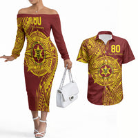 Personalised Tonga High School 80th Anniversary Couples Matching Off The Shoulder Long Sleeve Dress and Hawaiian Shirt Special Kupesi Pattern LT9 Gold - Polynesian Pride