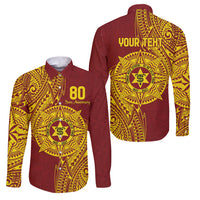 Personalised Tonga High School 80th Anniversary Family Matching Off Shoulder Maxi Dress and Hawaiian Shirt Special Kupesi Pattern LT9 Dad's Shirt - Long Sleeve Gold - Polynesian Pride