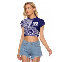Personalised Tonga Tupou College Tolo 158th Anniversary Raglan Cropped T Shirt Special Kupesi Pattern LT9 Female Blue - Polynesian Pride