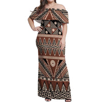 Vintage Bula Fiji Off Shoulder Maxi Dress Brown Tapa Masi Motif