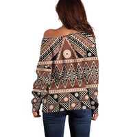 Vintage Bula Fiji Off Shoulder Sweater Brown Tapa Masi Motif