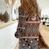 Vintage Bula Fiji Women Casual Shirt Brown Tapa Masi Motif