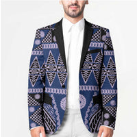 Vintage Bula Fiji Blazer Prussian Blue Tapa Masi Motif - Polynesian Pride