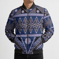 Vintage Bula Fiji Bomber Puffer Jacket Prussian Blue Tapa Masi Motif - Polynesian Pride