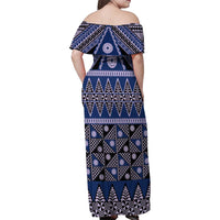 Vintage Bula Fiji Family Matching Off Shoulder Maxi Dress and Hawaiian Shirt Prussian Blue Tapa Masi Motif