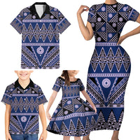 Vintage Bula Fiji Family Matching Short Sleeve Bodycon Dress and Hawaiian Shirt Prussian Blue Tapa Masi Motif