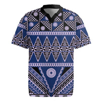 Vintage Bula Fiji Rugby Jersey Prussian Blue Tapa Masi Motif