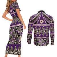 Vintage Bula Fiji Couples Matching Short Sleeve Bodycon Dress and Long Sleeve Button Shirt Purple Tapa Masi Motif