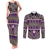 Vintage Bula Fiji Couples Matching Tank Maxi Dress and Long Sleeve Button Shirt Purple Tapa Masi Motif