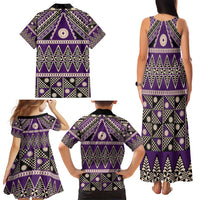 Vintage Bula Fiji Family Matching Tank Maxi Dress and Hawaiian Shirt Purple Tapa Masi Motif