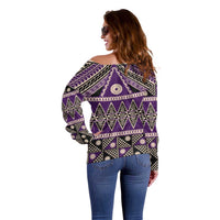 Vintage Bula Fiji Off Shoulder Sweater Purple Tapa Masi Motif