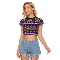 Vintage Bula Fiji Raglan Cropped T Shirt Purple Tapa Masi Motif