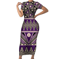 Vintage Bula Fiji Short Sleeve Bodycon Dress Purple Tapa Masi Motif