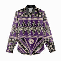 Vintage Bula Fiji Women Casual Shirt Purple Tapa Masi Motif