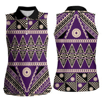 Vintage Bula Fiji Women Sleeveless Polo Shirt Purple Tapa Masi Motif