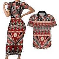 Vintage Bula Fiji Couples Matching Short Sleeve Bodycon Dress and Hawaiian Shirt Red Tapa Masi Motif