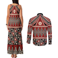 Vintage Bula Fiji Couples Matching Tank Maxi Dress and Long Sleeve Button Shirt Red Tapa Masi Motif