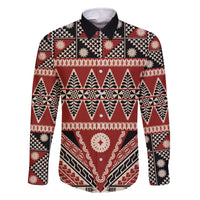 Vintage Bula Fiji Family Matching Off The Shoulder Long Sleeve Dress and Hawaiian Shirt Red Tapa Masi Motif