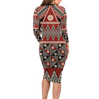 Vintage Bula Fiji Long Sleeve Bodycon Dress Red Tapa Masi Motif